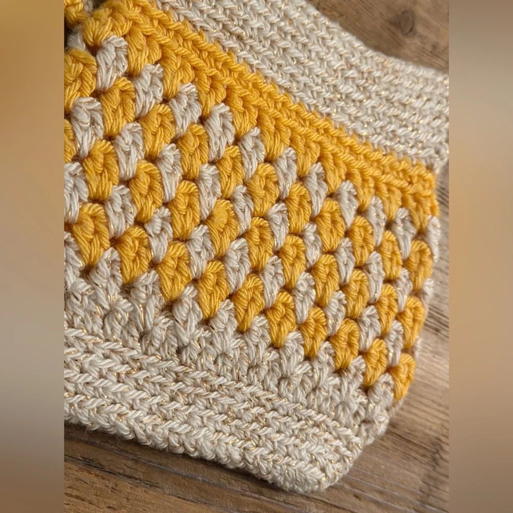 Vintage Crochet Pot Holders. Yellow Cream Metallic Gold. Kitchen MCM 1970s